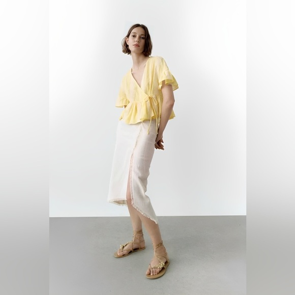 Zara Ruffled Sleeve Embroidered Peasant Wrap Top Yellow Size Medium - Picture 9 of 13